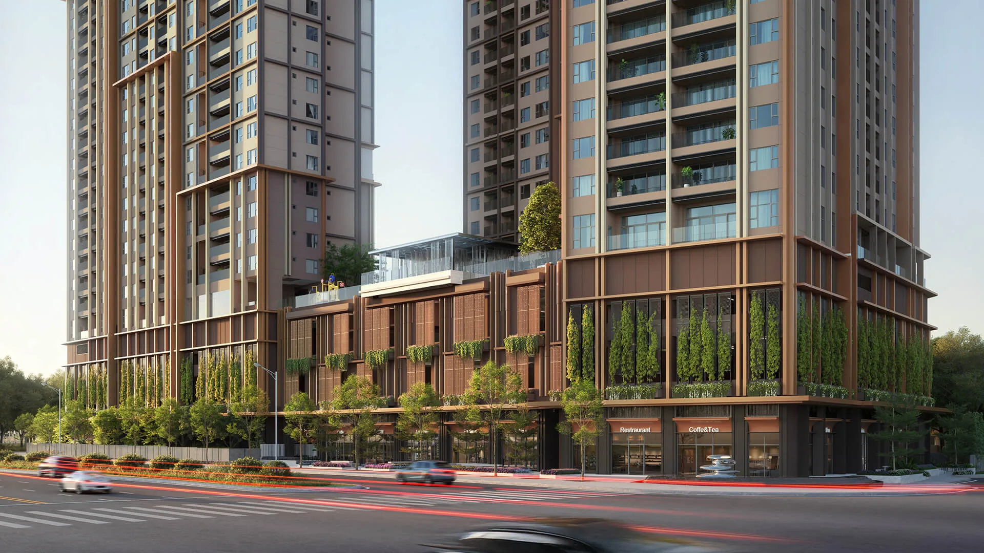 Khối đế Orchard Grand với cửa hàng và mảng cây xanh mặt tiền Đại lộ Hùng Vương