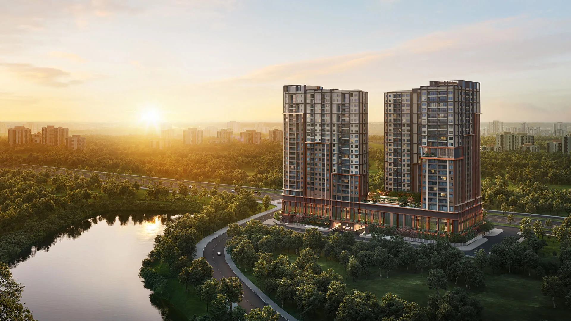Hai tháp Bliss và Aura bên hồ Công viên Trung tâm lúc bình minh