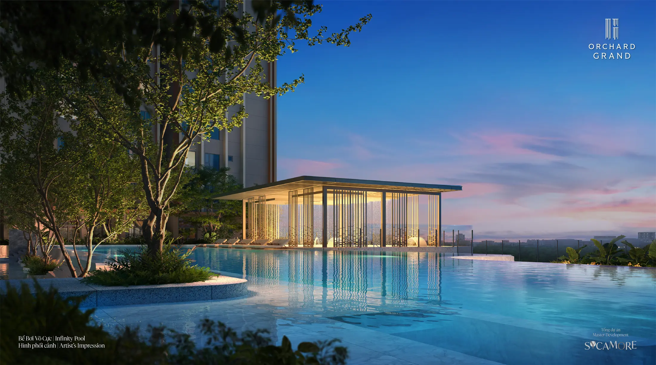 Bể bơi vô cực tầng 4 lúc hoàng hôn