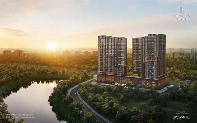 Orchard Grand lúc bình minh, nhìn từ phía hồ và công viên